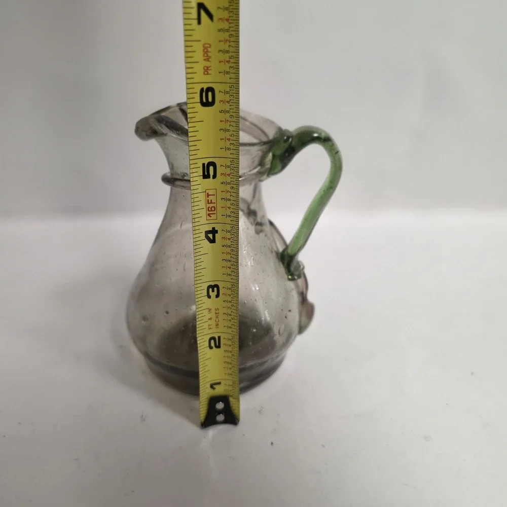 Hand Blown Art Glass Mini Pitcher Smoky Gray Seed Glass Applied Green Handle 6